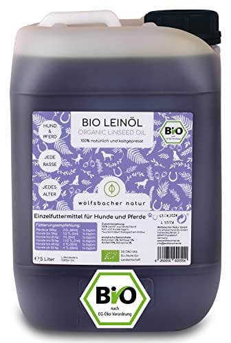 Wolfsbacher Natur Bio Leinöl – Hochwertiges Leinöl für Hunde, Katzen und Pferde, kaltgepresst aus Deutschland, DE-ÖKO-060, Leinöl 5l