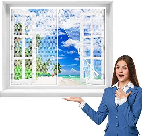 Fliegengitter BalkonFenster 105 x 105 cm Magnete Fliegengitter Tür Ohne Bohren Insektenschutz Balkontür für Balkontür Wohnzimmer Terrassentür Türvorhang Fliegenvorhang(Weiß)