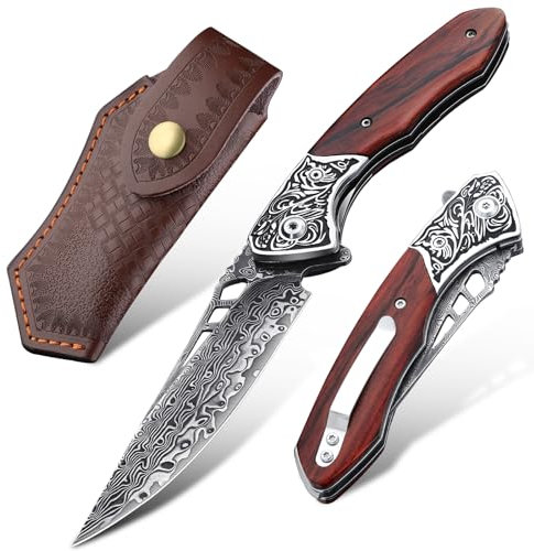 Japaknives Damast Taschenmesser,Outdoor Klappmesser VG10 Damaststahl,Scharfe Damastmesser mit Holzgriff und Messerscheide,EDC Messer für Camping Angeln Survival, Ideal als Geschenk
