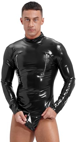 Oyolan Herren Wetlook Body Lack Leder Overall Männerbody Einteiler Bodysuit Langarmshirt Glänzend Unterwäsche Clubwear Schwarz 3XL