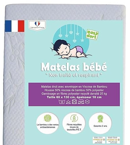 Easy Dort Matelas bébé 60x130 cm | Berceau ou lit bébé | Fabriqué en France | Été & Hiver | Double Face | Très Confortable | Housse en Bambou | Blanc |
