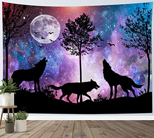 LB Wandteppich Schwarzer Wolf Wandtuch Wildes Tier und Vogel im Wald Wandbehang Vollmond in der Galaxie Tapisserie für Wohnzimmer Schlafzimmer Wohnheim Wanddeko,150x100cm