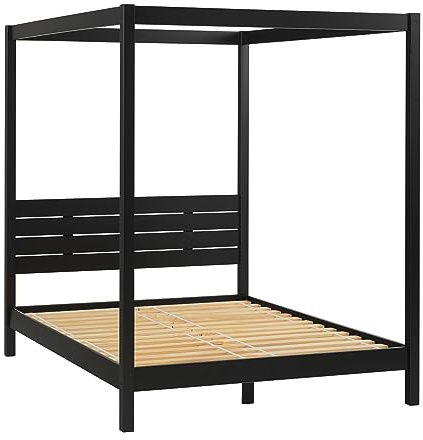 Walker Edison Ayla Boho Slatted Headboard Queen Bedframe with Canopy, Queen Size, Black