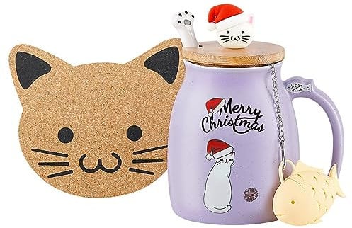 Katzen Tasse Weihnachten Süße Keramik Kaffeetasse mit Deckel Weihnachtsgeschenke für Frauen Kinder,Edelstahl Löffel, Neuheit Morgen Cup Tee Milch Becher Teetasse mit Deckel und Sieb 380ML