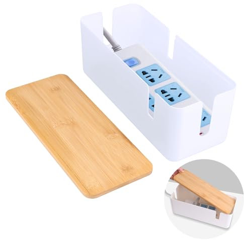 VFANDV Caja de Almacenamiento para Cables con Tapa de Bambú, Caja Organizadora para Ocultar Cables Organiza el Cableado del Ordenador y los Cables Sueltos (Blanco)