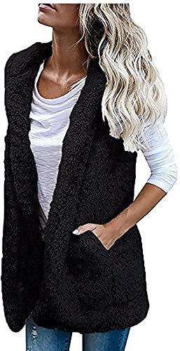 tsaChick Fleeceweste Damen Ärmellos Casual Einfarbig Teddy Fleece Herbst Winter Westen Kapuzen Mit Taschen Cardigan Jacket Warm Bequem Leicht Outwear Plüschweste Steppweste Fuzzy Fleece Mantel Coat