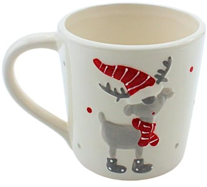 Dekohelden24 Keramik Weihnachts-Tasse, Kaffeetasse mit niedlichem Elch, Größe L/B/H 13 x 9 x 9,5 cm, Fassungsvermögen ca. 300 ml, spülmaschinenfest
