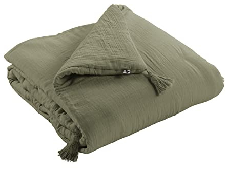Dock Avenue Edredon – Decke – Tagesdecke – Tagesdecke – mit 4 Pompons – Öko-Tex zertifiziert – Baumwollgaze – 150 x 150 cm Gaia, Farbe Rosmaringrün