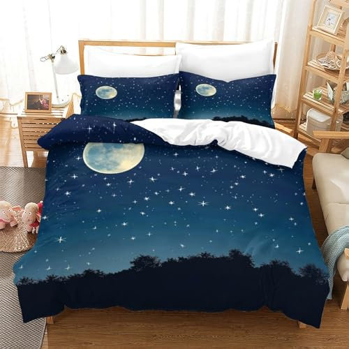 CGLTD Nachthimmel Bettwäsche 3 Teilig 3D Bettbezüge Mikrofaser Mond Sterne Bettbezug Mit Reißverschluss Und Kissenbezug Für Mädchen Junge Kinder Single(140x200cm)