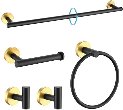 TURS Toilet Paper Holders 5-Piece Bathroom Hardware Set Bath Accessory Kit Towel Rail Wall Hooks Toilet Roll Holders Wall Mounted,Black And Gold Bathroom Set For Bathroom Accessories