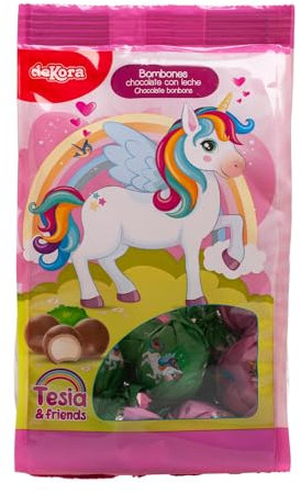 Dekora - Lot de bonbons de chocolat fourrés à la crème de lait et au motif de licorne Tesia 100g, idéal pour les fêtes d'enfants et les anniversaires. Amusant et délicieux