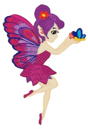 Lila Schmetterling Elfe Aufnäher zum aufbügeln oder aufnähen Bügelbild Aufbügler für Kleidung gestickter Bügelflicken Applikation Fee Kinder Patch Größe 7,3 x 10,7 cm