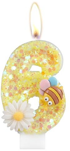 Blume Geburtstagskerzen, Zahl 6 Kerzen mit Biene für Kuchen, Mädchen 6. Geburtstag Dekorationen, Gelb Glitzer Geburtstagskerzen, Honigbienenkuchenkerzen Toppers für Mädchen Baby Geburtstag Party