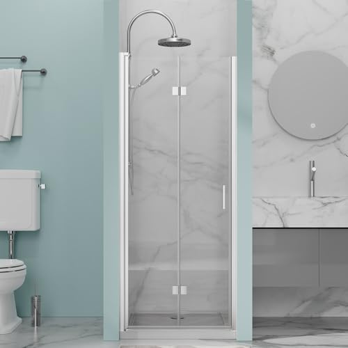 Bathenum 30 in.W x 72 in.H Bifold Frameless Glass Shower Door 1/4” Tempered Clear Glass Pivot Swing Shower Panel in Chrome Finish, Foldable