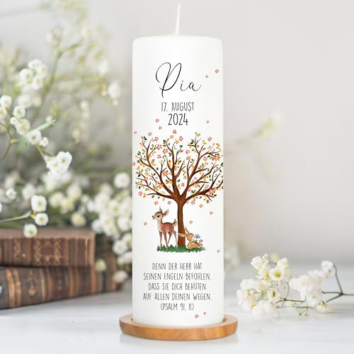 Wandtattoo Loft Taufkerze Mädchen oder Junge mit Taufspruch, Motiv mit Baum, Reh und Hase, 25cm x 8cm, personalisierte Kerze, bedruckte Kerze zur Taufe, Stumpenkerze, individuelles Taufgeschenk