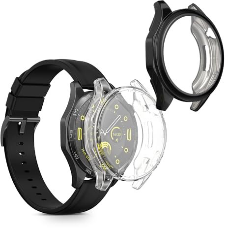 kwmobile Carcasa Compatible con Huawei Watch GT4 46mm Funda - 2X Protector Pantalla Completo - Ultrafino y antigolpes - Transparente/Negro