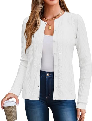 Arach&Cloz Cardigans for Women UK Lightweight Crew Neck Casual Ladies Sweaters White L