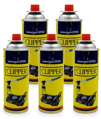 Clipper Cartuchos de Gas Butano 400ml para Hornillos y Quemadores, Compatible con la Mayoría de Hornillos de Camping (5 Cartuchos)