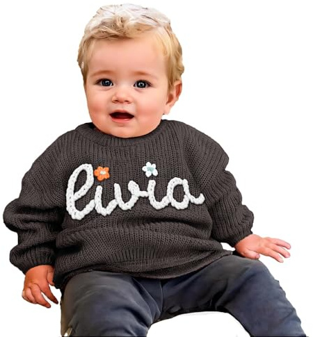 Tivhelrf Handgefertigter Baby-Strickpullover mit individuell besticktem Namen oder Monogramm, Mädchen, Jungen, Kleinkinder und Kinder