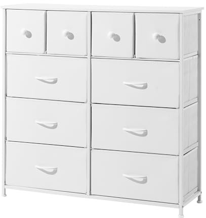 EROMMY Kommode mit Schubladen,Sideboard mit 10 Stoffschubladen,Metallgestell,PU-Leder Stoffkommode für Schlafzimmer, für Wohnzimmer, Flur, Büro-Weiß