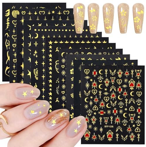 12 Sheets Gold Nail Art Stickers - 3D Star Decals, Self-Adhesive Moon Heart Flower Design, Charms for Manicure Supplies and Decorations
