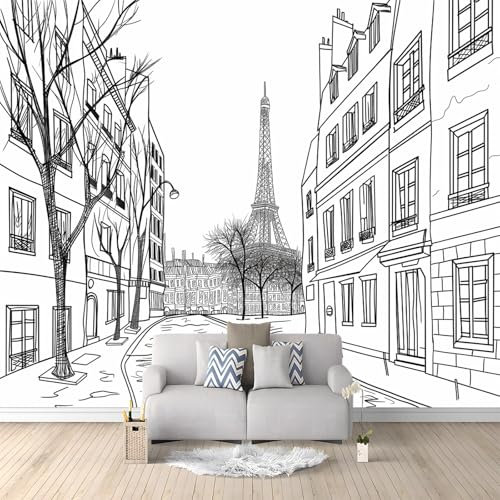 Papier Peint Intissé Panoramique Moderne - Rues De Paris Dessiné À La Main 400x280 cm - Tableaux Muraux Tapisserie Photo pour Salon, Chambre, Fond Décor TV