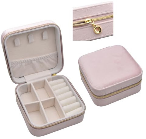 BECKLUXE Small Travel Jewellery Box for Women, Mini Portable Jewelry Box Organiser, PU Leather, Velvet Jewellery Case Holder for Women, Girls (Velvet Pink, Square 10x10x5cm)