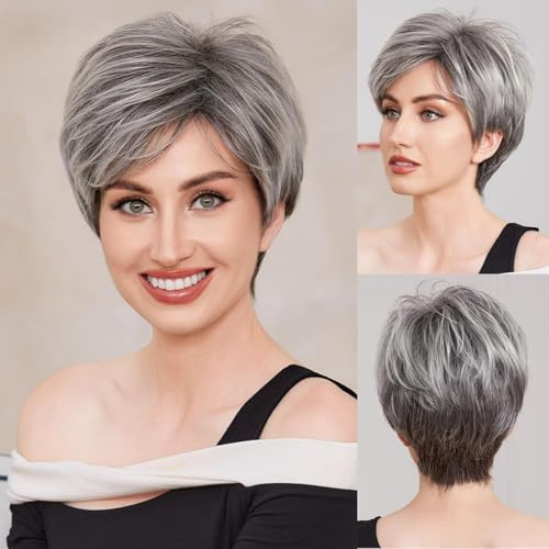 Beweig Damen kurze graue Perücke natürliche lockige synthetische hitzebeständige Haar Ersatz Perücke