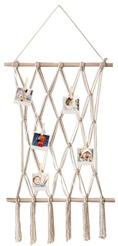 Hanging Photo Display - Photo Display Stand, Picture Frames, Wall Decor | Wooden Beads Wall Photo Display Stand, Hanging Frames with Twine for Bedroom