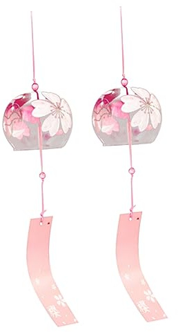 Japanische Glas Windspiel 2 Stück mit Kirschblütenmotiv Geschenkideen | Rosa, Handbemalt, Hohe Transparenz, Sanfter Klang, für Meditationsecke und Außen Dekor