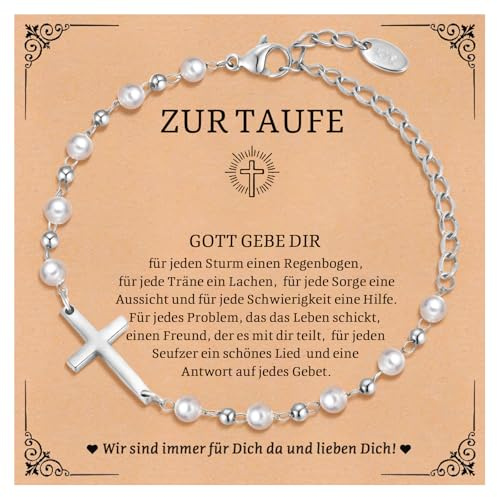FLHEART Taufe Geschenk für Mädchen Kreuz Armband - Perle Armbänder mit Edelstahl Versilbert Kreuz für Kinder, Kinderarmband für Tochter Enkelin Nichte Tauf Geschenke, Taufgeschenke für Mädchen