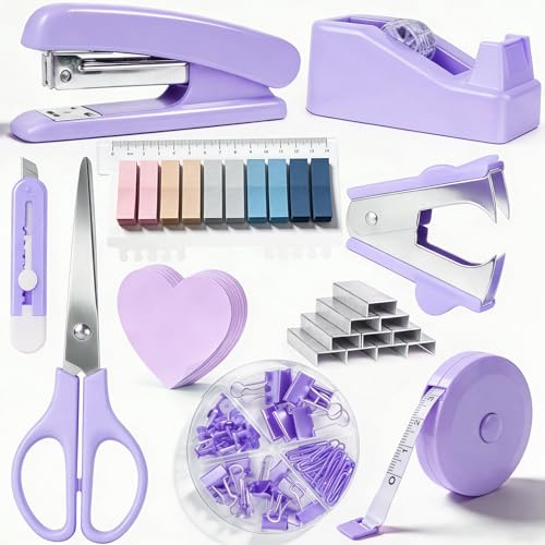 Büroartikel Set, Schreibtisch Set, Schreibtischzubehör 10 Kit, Mit Entklammerer,1 Schachteln von 1000 Heftklammern,Abroller, Schere, Bandmaß, Allzweckmesser, Clip, Haftnotizen