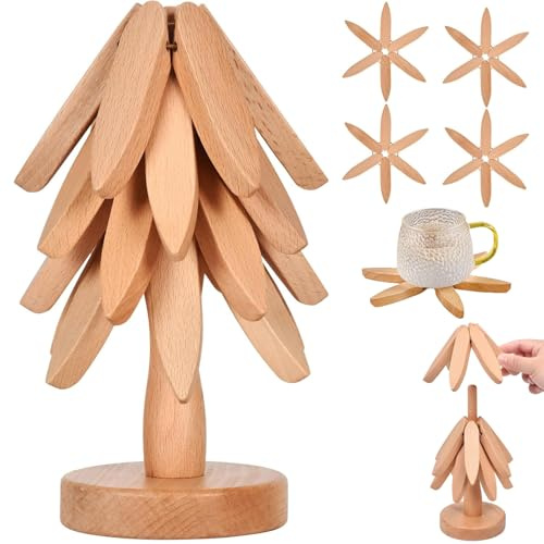 Tree Coasters, 4PCS Wooden Trivets for Hot Dishes with Stand, Foldable Non Slip Hot Plate Mat, Reusable Trivets for Dishes/Pot/Bowl/Teapot/Pans Original wood, Décoration de jardin
