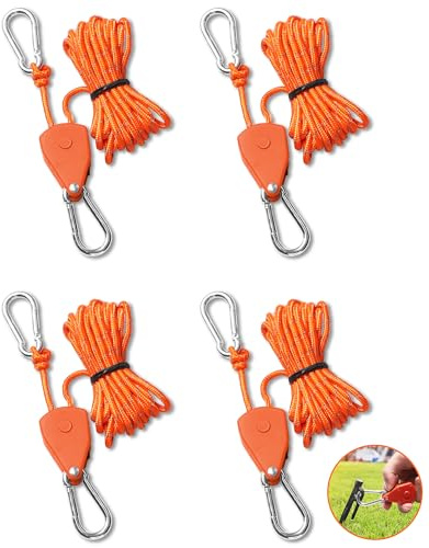 4 Pezzi Regolabili Cricchetto di Corda con Gancio – 4M Cricchetto con Gancio – Heavy Duty Puleggia Ratchets per Lampada da Pianta, Tenda