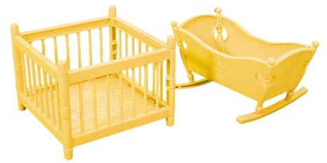 Fxzqgnh 2 Stück Puppenhaus Wiege Miniatur Kinderbett Spielzeug Set mit Schaukelndem Stubenwagen Und Laufstall Aus Pp für Kinderzimmer Wohnzimmer Geburtstagsge, Gelb