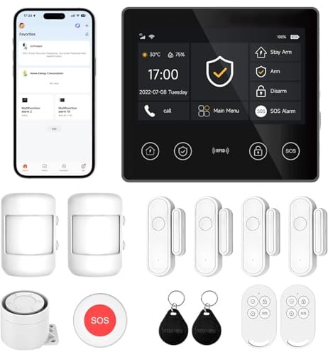 XUK Alarmas para Casa 4G + WiFi, Kit Alarma Casa Sin Cuotas ni Suscripción | Pantalla táctil de 4,3, detectores de apertura y movimiento incluidos, app Tuya Smart, compatible con Alexa y Google