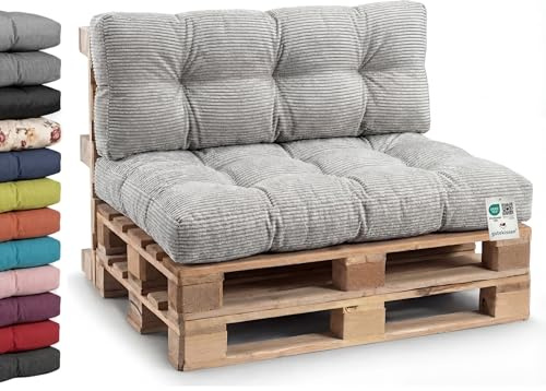 Gutekissen® Palettenkissen Cord, Gartensofakissen, Gesteppte Kissen gefüllt mit granuliertem Poulirette-Schaum PPI (Rückenlehne 120x40, Hellgrau-Cord)