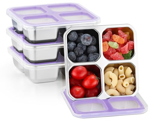 Misichao Stainless Steel Snack Boxes with 4 Compartments 4 Pack Purple | Reusable Snack Containers Small Bento Lunch Box for Kids Adults Divided Meal Prep Containers for School Work and Travel