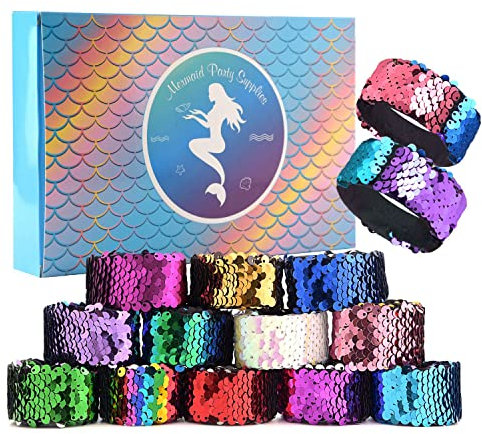 KUUQA 16 Stücke Magie Pailletten Meerjungfrau Armbänder 2-Color Pailletten Glitter Slap Armbänder für Kinder Meerjungfrau Geburtstag Party Favors Taschen Liefert (Zufällige Farben)