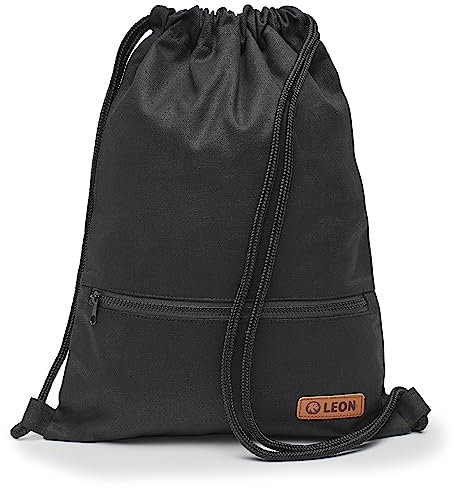 By Bers LEON Turnbeutel, große Reißverschluss Außentasche, Innentaschen Innenfutter Rucksack Tasche Damen Männer Hipster Beutel Veganes Leder Gym Bag Draw String (Schw/weiß_Zipper)