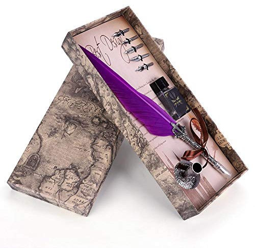 VBESTLIFE Schreibfeder, Klassische Retro Füllfederhalter Feder Dip Pen Geschenkbox für Weihnachten/Valentine oder für Freund, Familienmitglieder und Lehrer mit Schöne Tintenbox (Lila)
