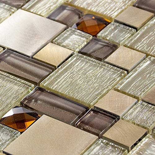 Luxury Brown, Caramel & Beige Glass & Brushed Steel Mosaic Wall Tile Sheet 8mm