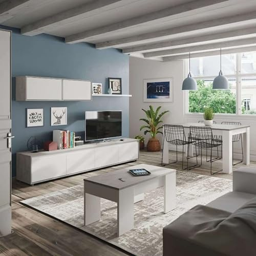 Miroytengo Pack de Muebles de Salón Comedor Estilo Contemporáneo en Color Blanco formado por Modulo de TV, Mesa de Centro y Mesa de Comedor
