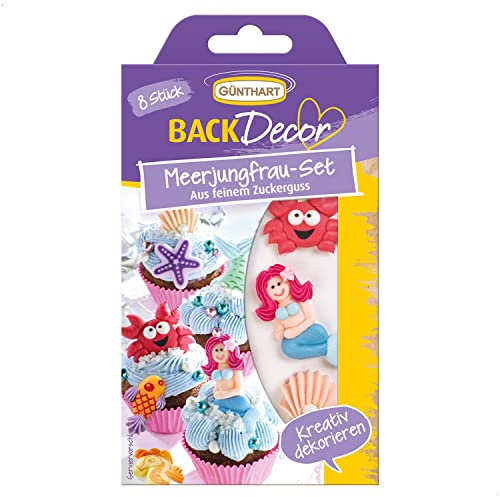 Günthart BackDecor mit 8 verschiedenen Zuckerfiguren Meerjungfrau SET, Flosse, Fisch, Krabbe, Seestern, Muscheln, Seepferdchen, 1er Pack (1 x 15 g)