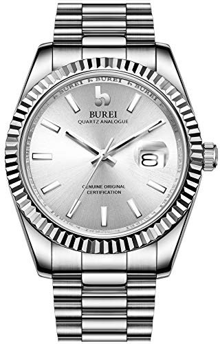 BUREI Herren Uhren Analoge Quarzuhr Silber Dial mit Datum Silber EdelstahlBand Watch for Men