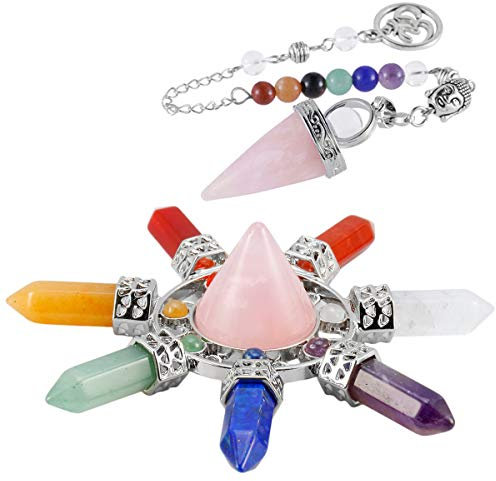 Nupuyai Rose Quartz Healing Crystal Kit, Energy Pyramid with 7 Chakra Stone Point Wand Dowsing Pendulum Collection Set Reiki Figurine Decor