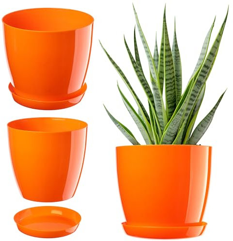 KADAX Élégant Pot de Fleurs, Pot à Plantes avec Soucoupe, Pot de Fleurs Rond, Pot de Fleurs en Plastique, Cache-Pot pour Fleurs, Pot de Fleurs Interieur Ø 14 cm Orange
