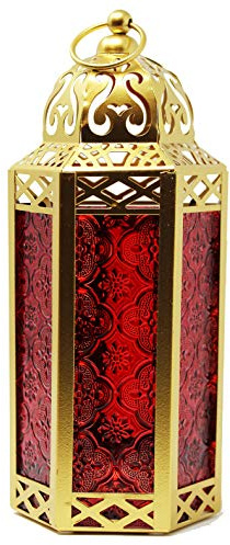 Goldene marokkanische Kerzenlaterne, dekorative Kerzenhalterlampe für Tisch oder zum Aufhängen, Ramadan, Terrasse oder Veranda im Freien, Hochzeiten, rotes Glas, mittelgroß