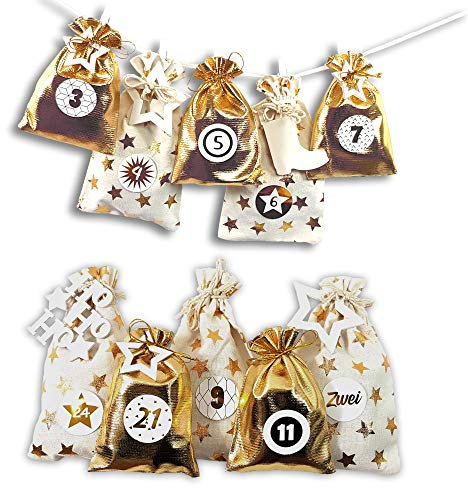 Frau WUNDERVoll DIY Adventskalender zum Befüllen Schneeflöckchen Stoffbeutel Gold-Metallic, Creme mit goldenen Sternen Ziffern Gold/Weihnachtskalender,Beutel,Sack,Säcke,Säckchen,Stoff,Geschenkbeutel