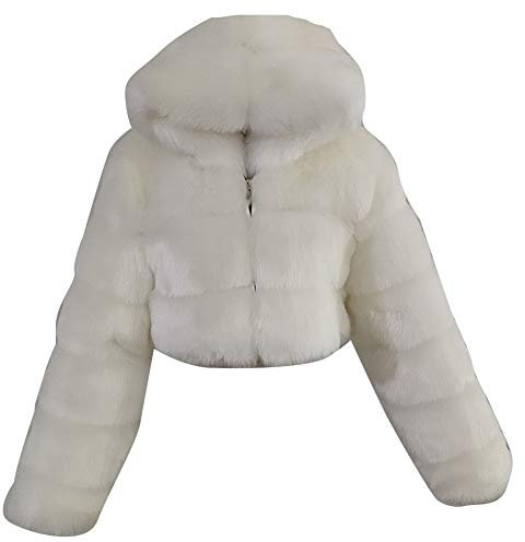 Damen Winter Elegant Kurz Faux Fox Pelzjacke Pelzmantel Langarm Gefälle Parka Cardigan Mantel Kunstfell Jacke Kapuzenjacke Weiß M